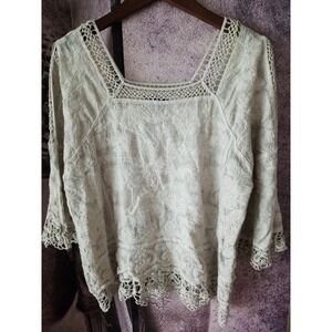 Democracy Women's Top Crochet Brown‎ Flare Sleeve Size S Relaxed Blouse Tunic